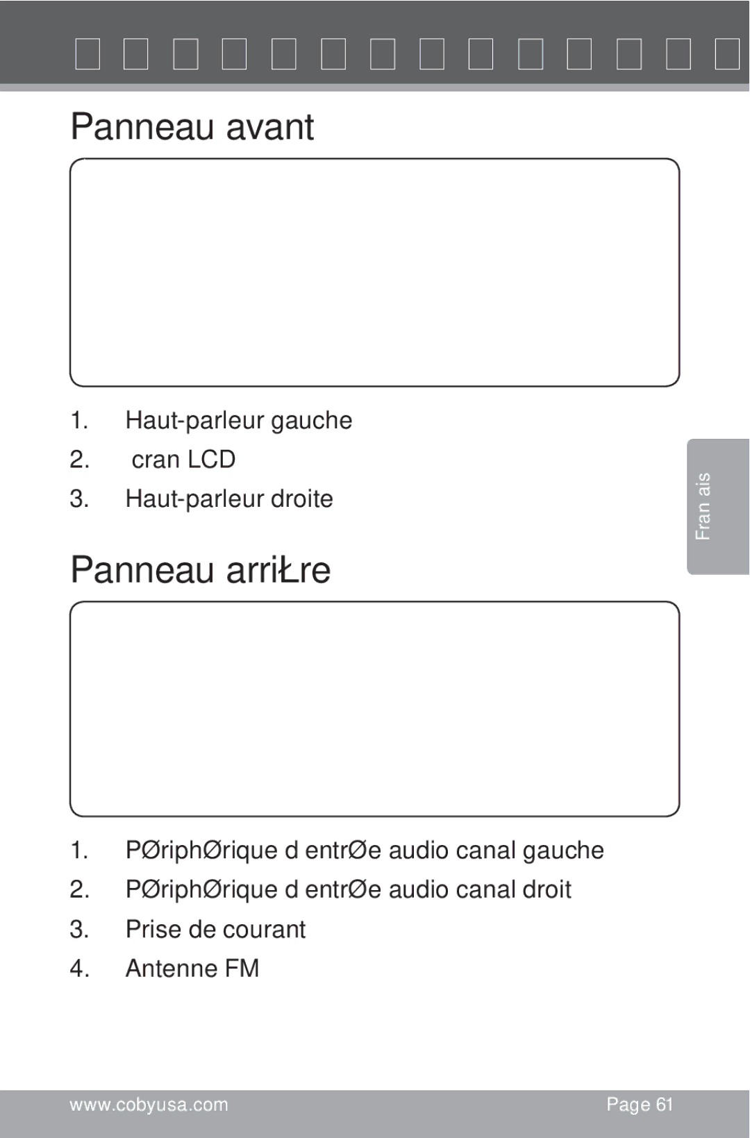 COBY electronic CSMP160 instruction manual Vue Générale du Produit, Panneau avant, Panneau arrière 