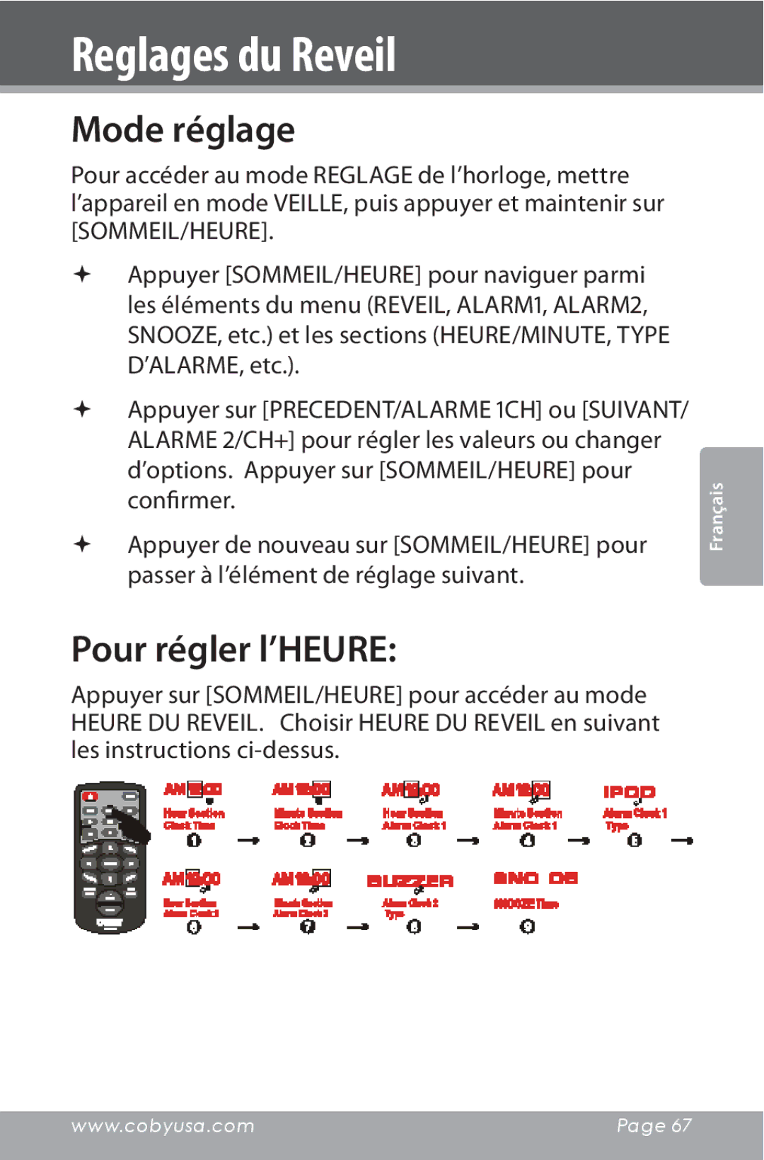 COBY electronic CSMP160 instruction manual Reglages du Reveil, Mode réglage, Pour régler l’HEURE 