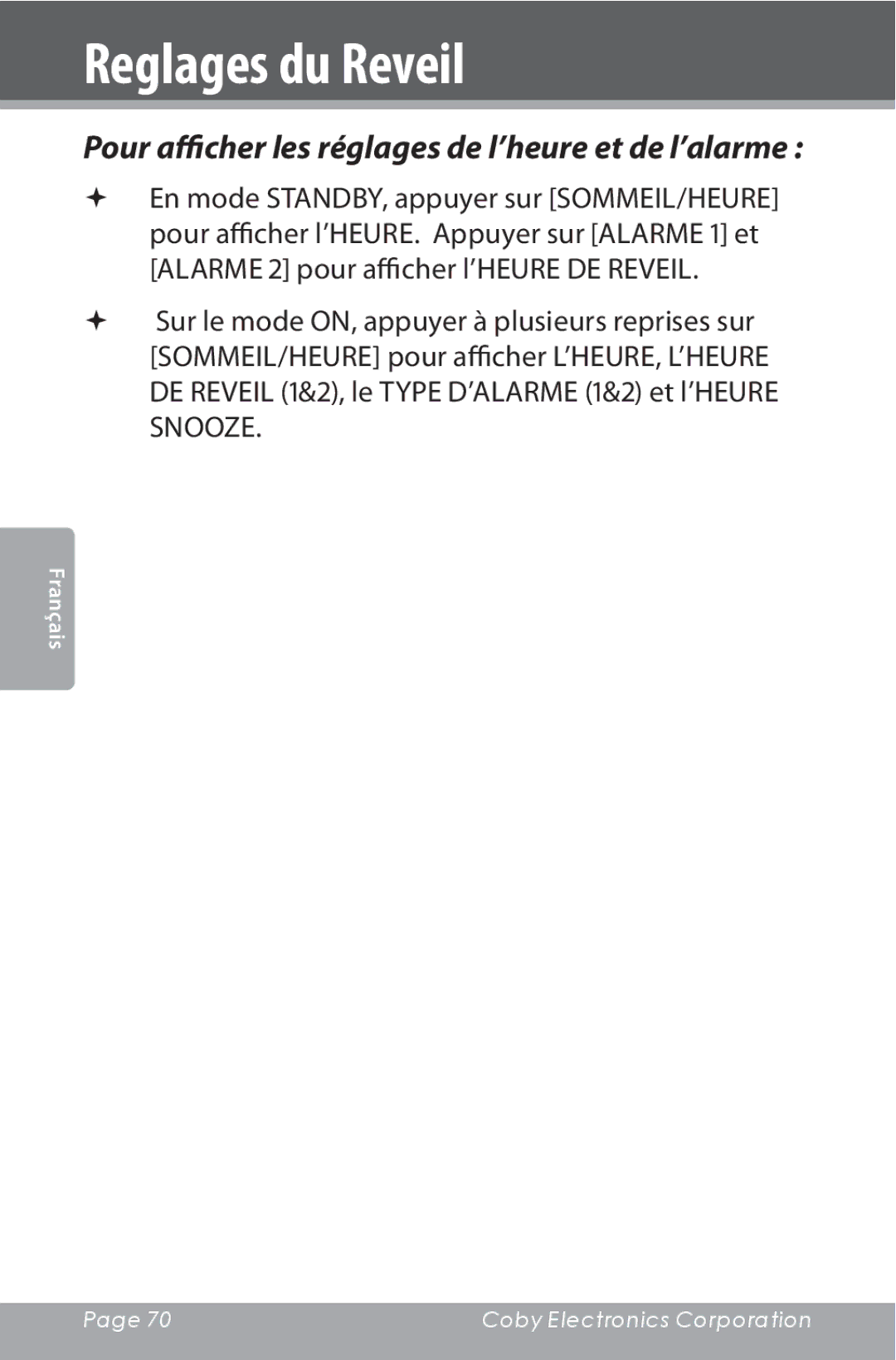 COBY electronic CSMP160 instruction manual Pour afficher les réglages de l’heure et de l’alarme 