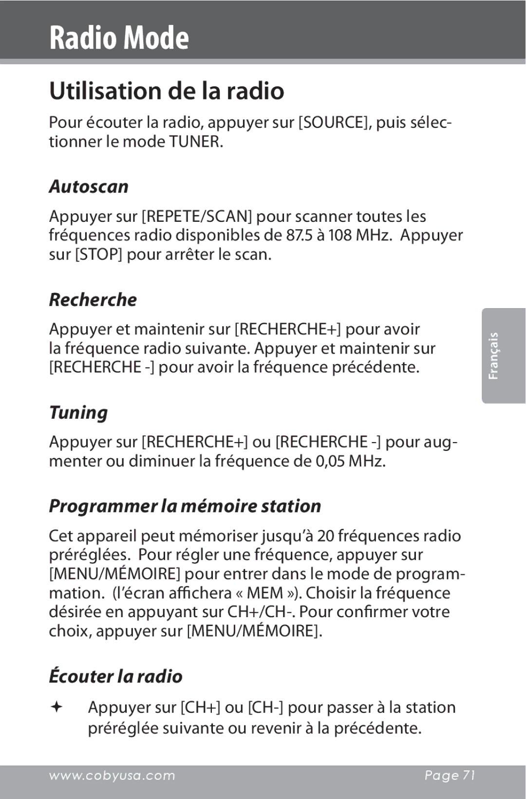 COBY electronic CSMP160 Utilisation de la radio, Recherche, Programmer la mémoire station, Écouter la radio 