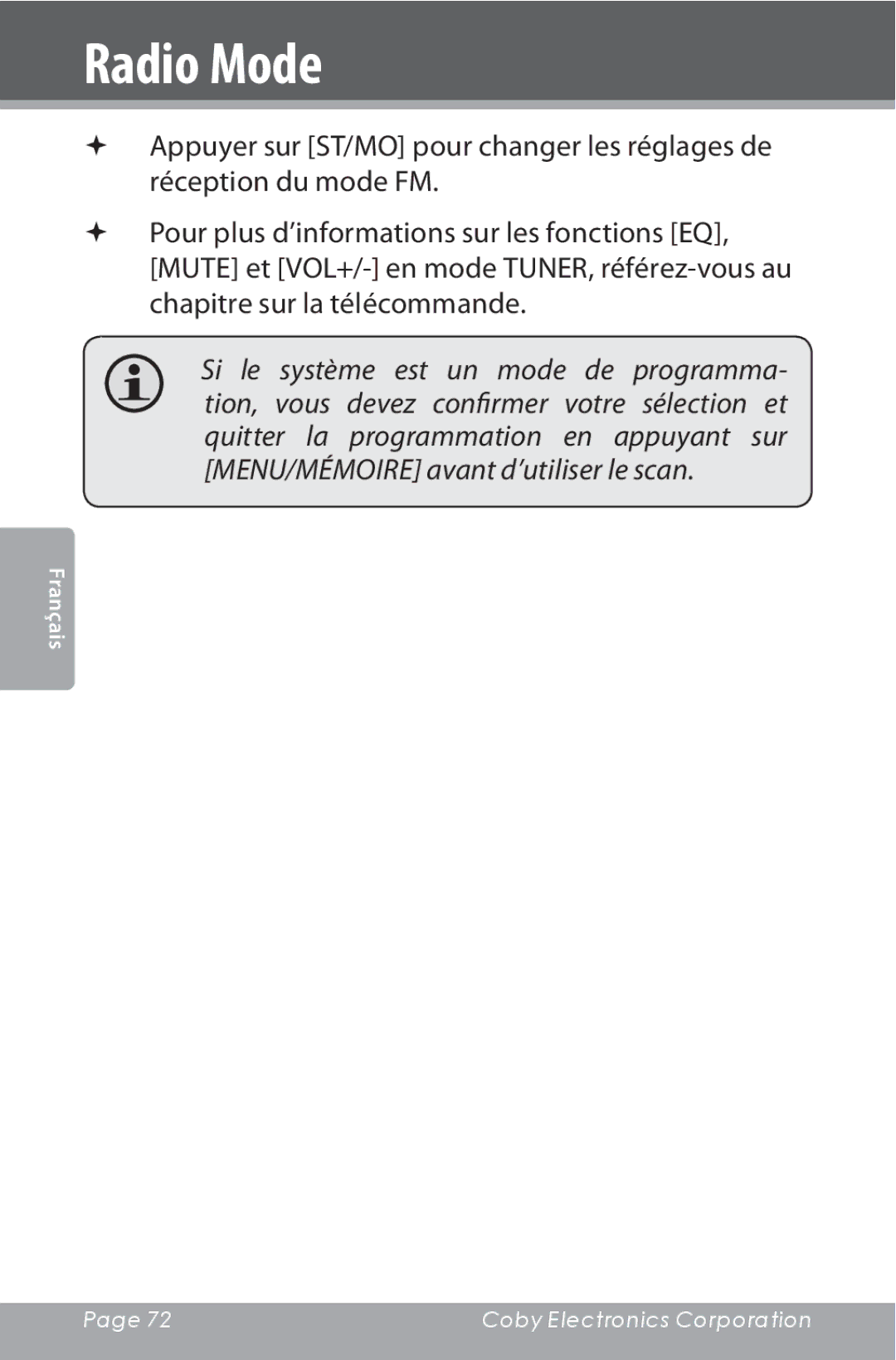 COBY electronic CSMP160 instruction manual Radio Mode 