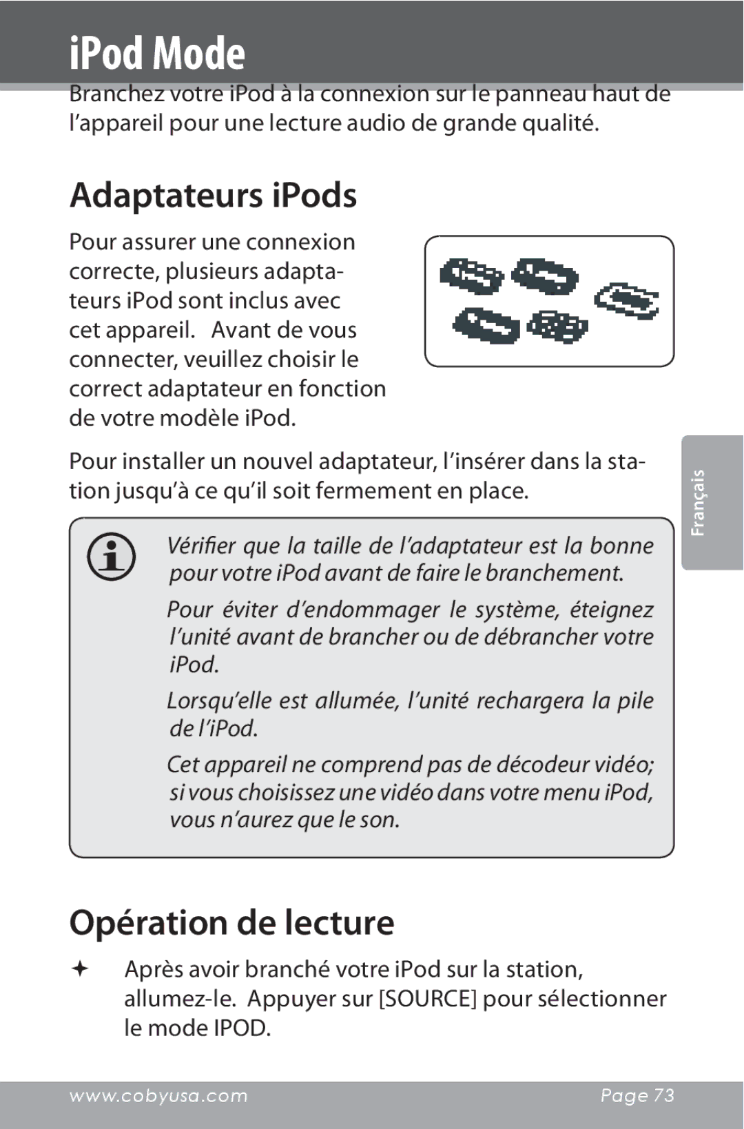 COBY electronic CSMP160 instruction manual Adaptateurs iPods, Opération de lecture 