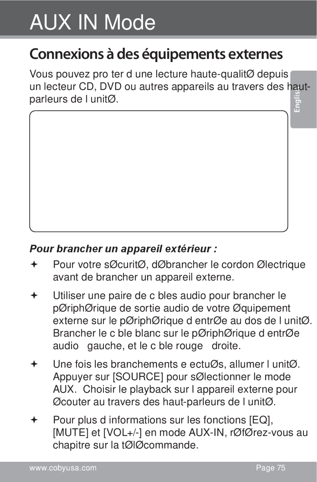 COBY electronic CSMP160 instruction manual Connexions à des équipements externes 