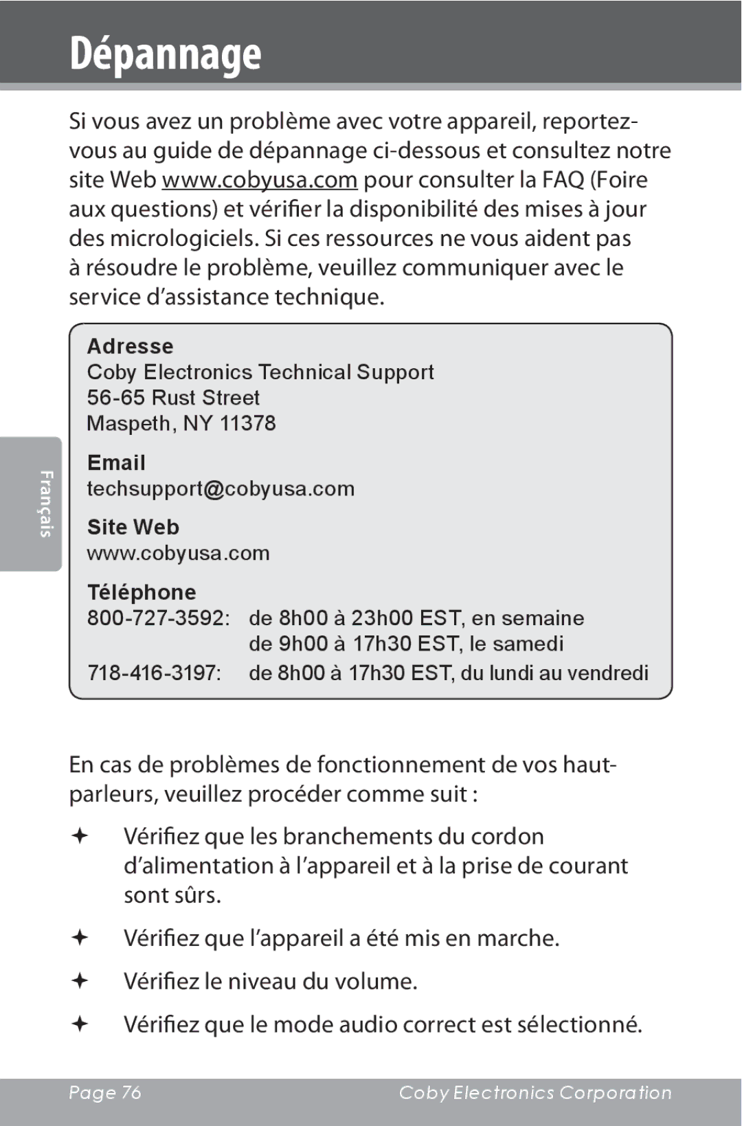 COBY electronic CSMP160 instruction manual Dépannage 