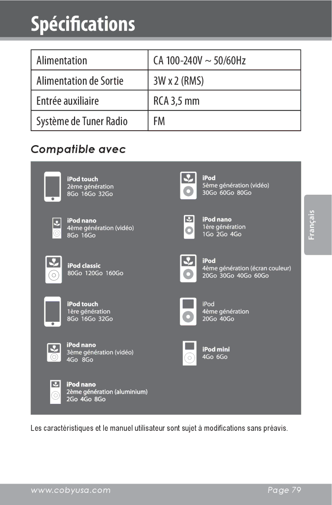 COBY electronic CSMP160 instruction manual Spécifications, Alimentation CA 100-240V ~ 50/60Hz, Entrée auxiliaire RCA 3,5 mm 