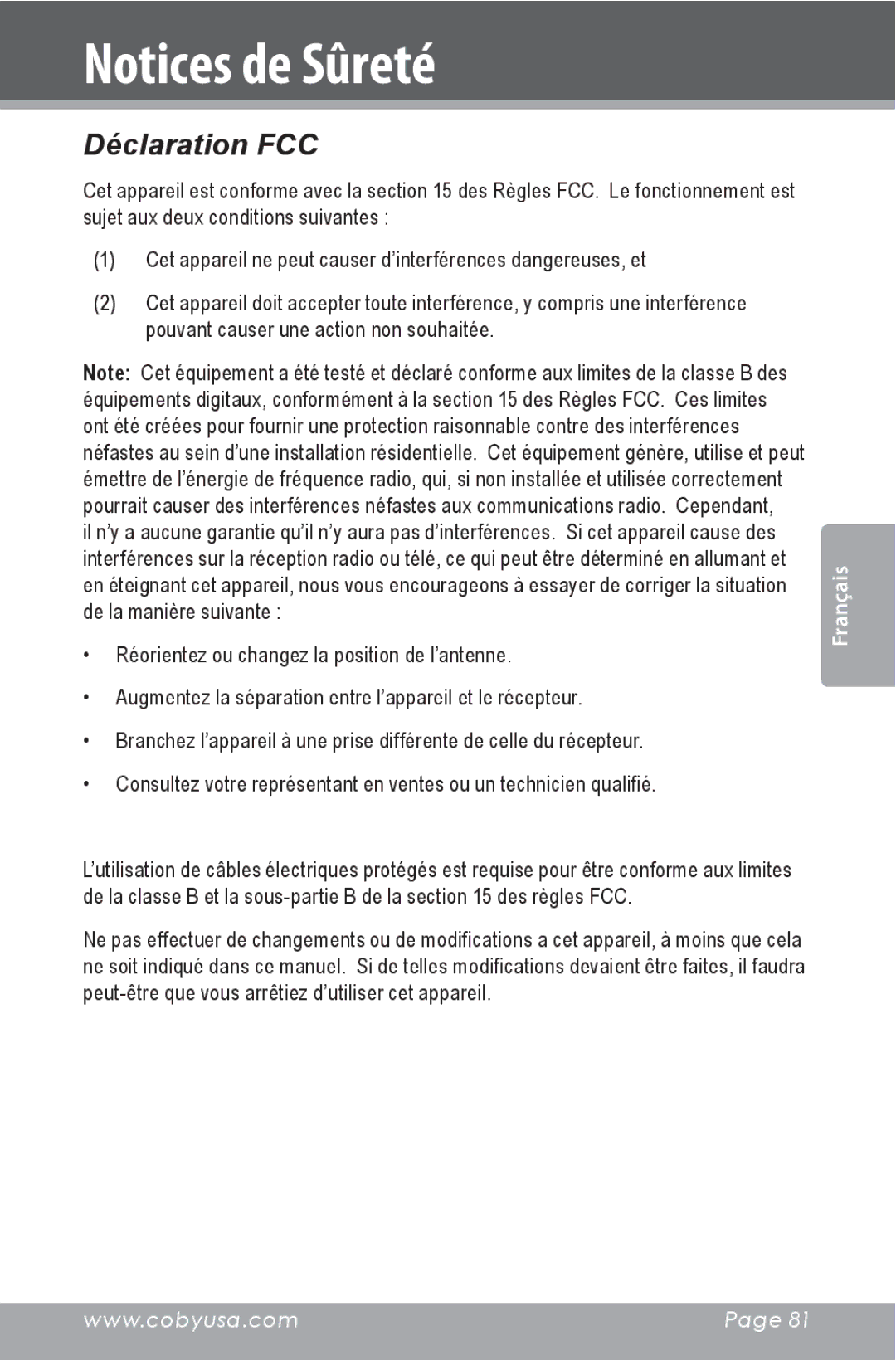 COBY electronic CSMP160 instruction manual Déclaration FCC 