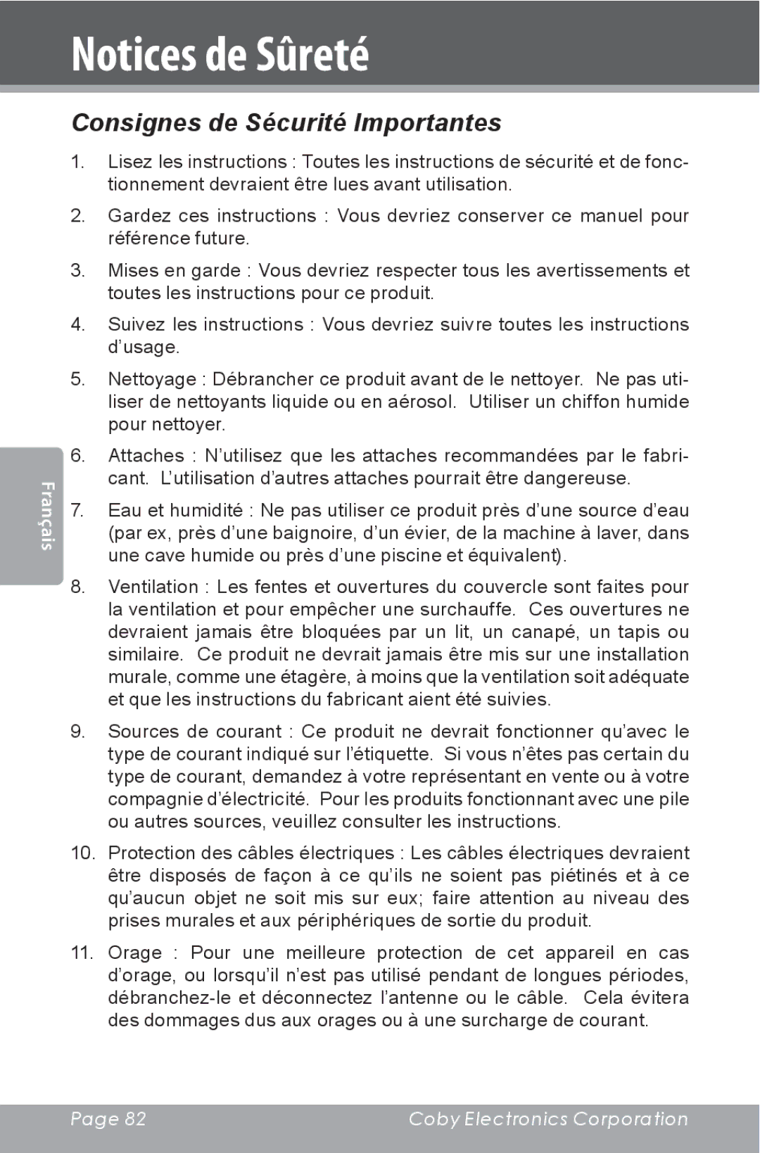 COBY electronic CSMP160 instruction manual Consignes de Sécurité Importantes 