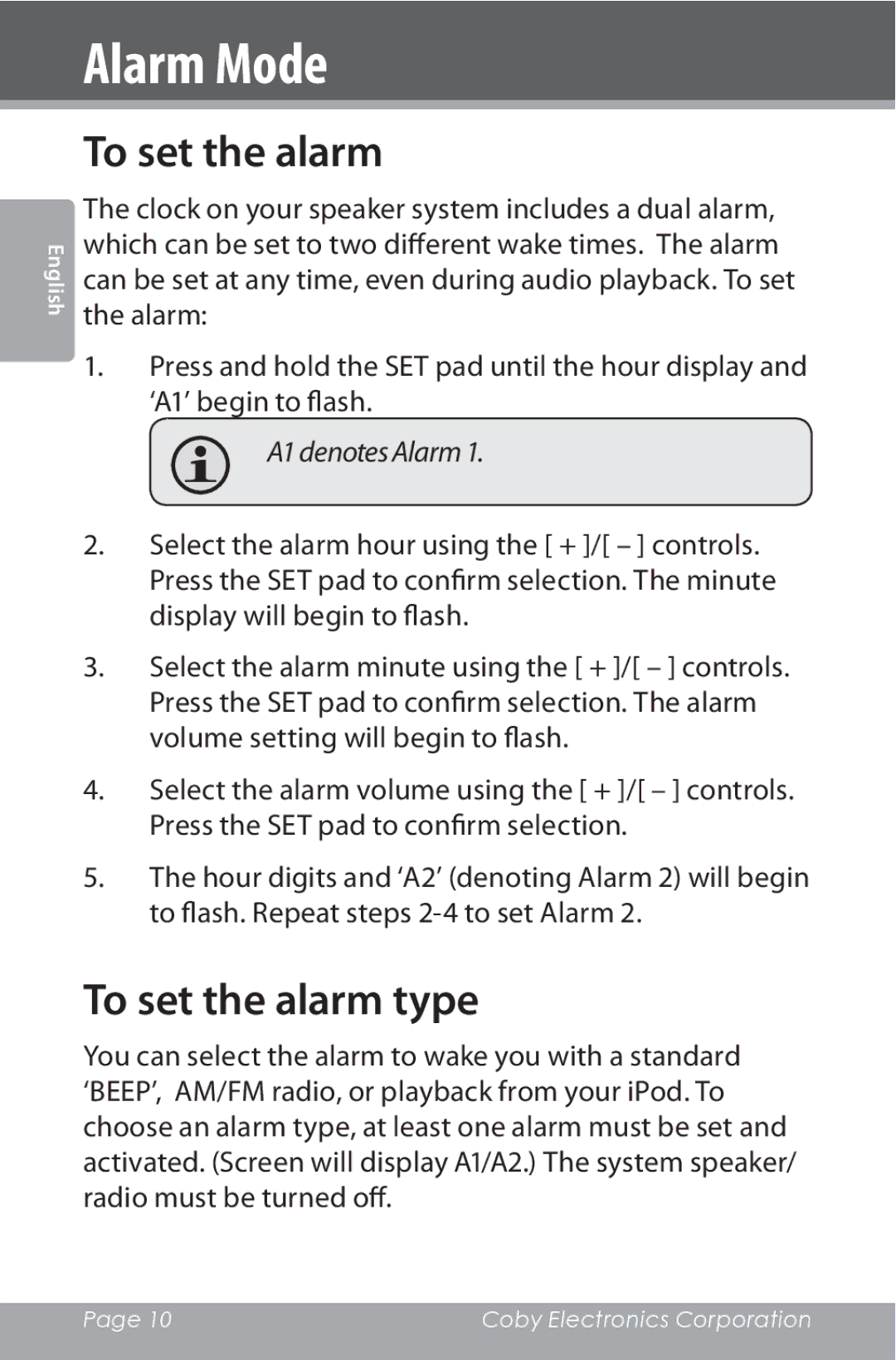 COBY electronic CSMP162 instruction manual Alarm Mode, To set the alarm type 