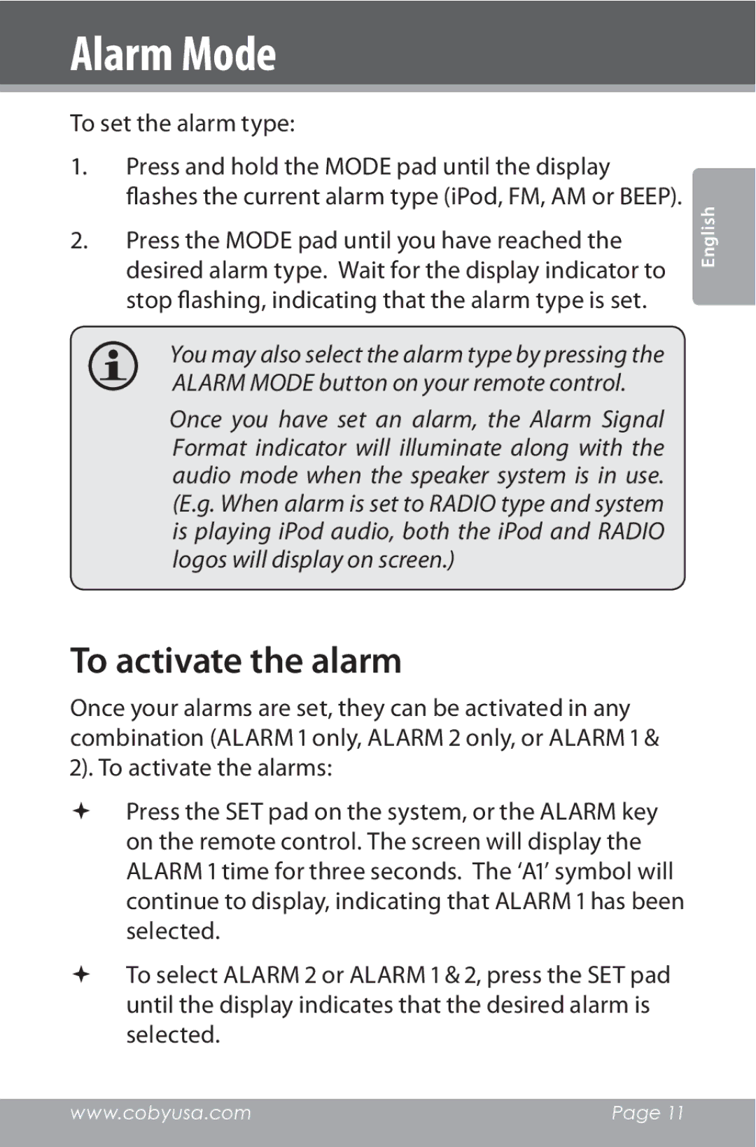 COBY electronic CSMP162 instruction manual To activate the alarm, To set the alarm type 