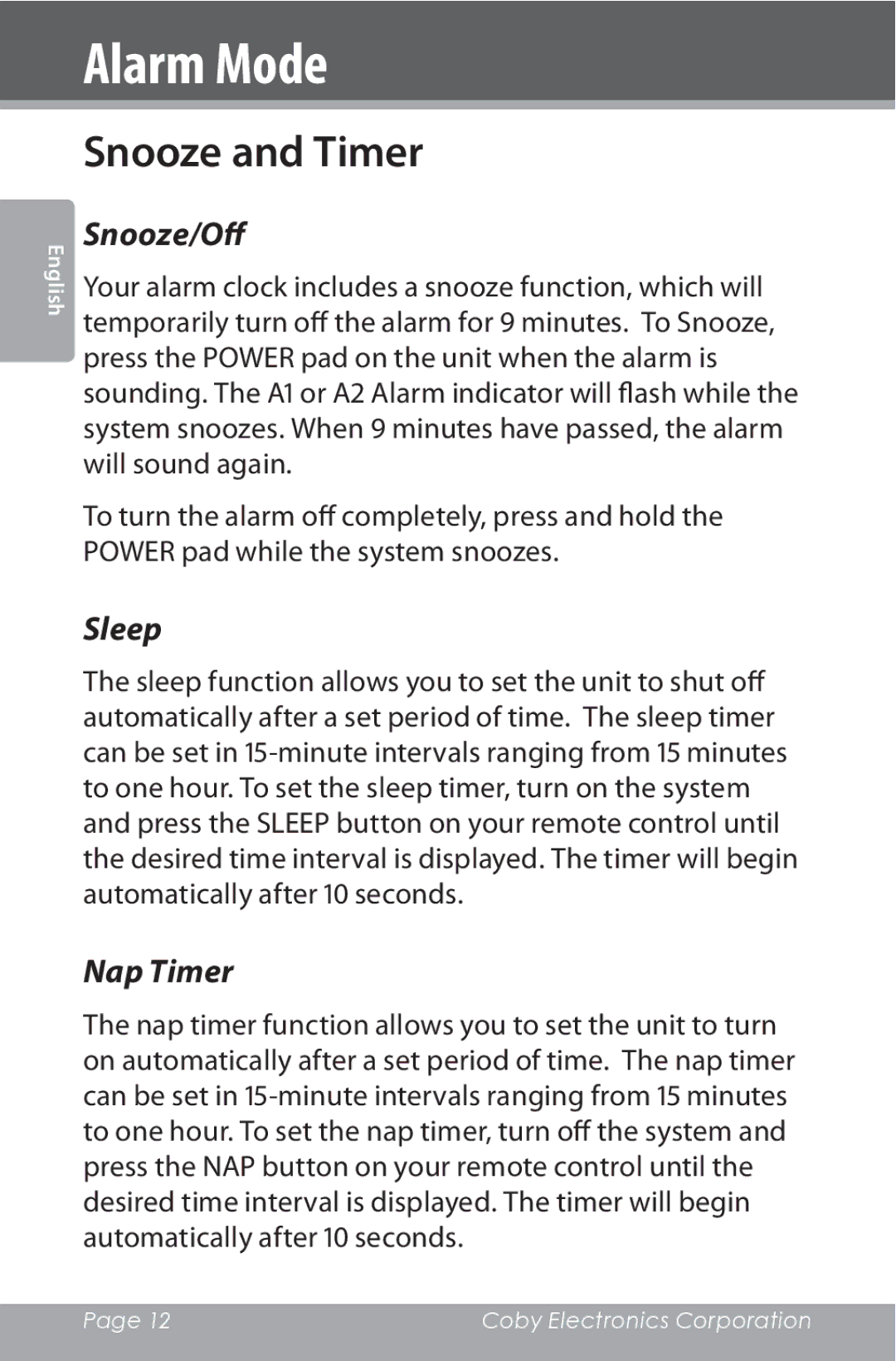 COBY electronic CSMP162 instruction manual Snooze and Timer, Snooze/Off 