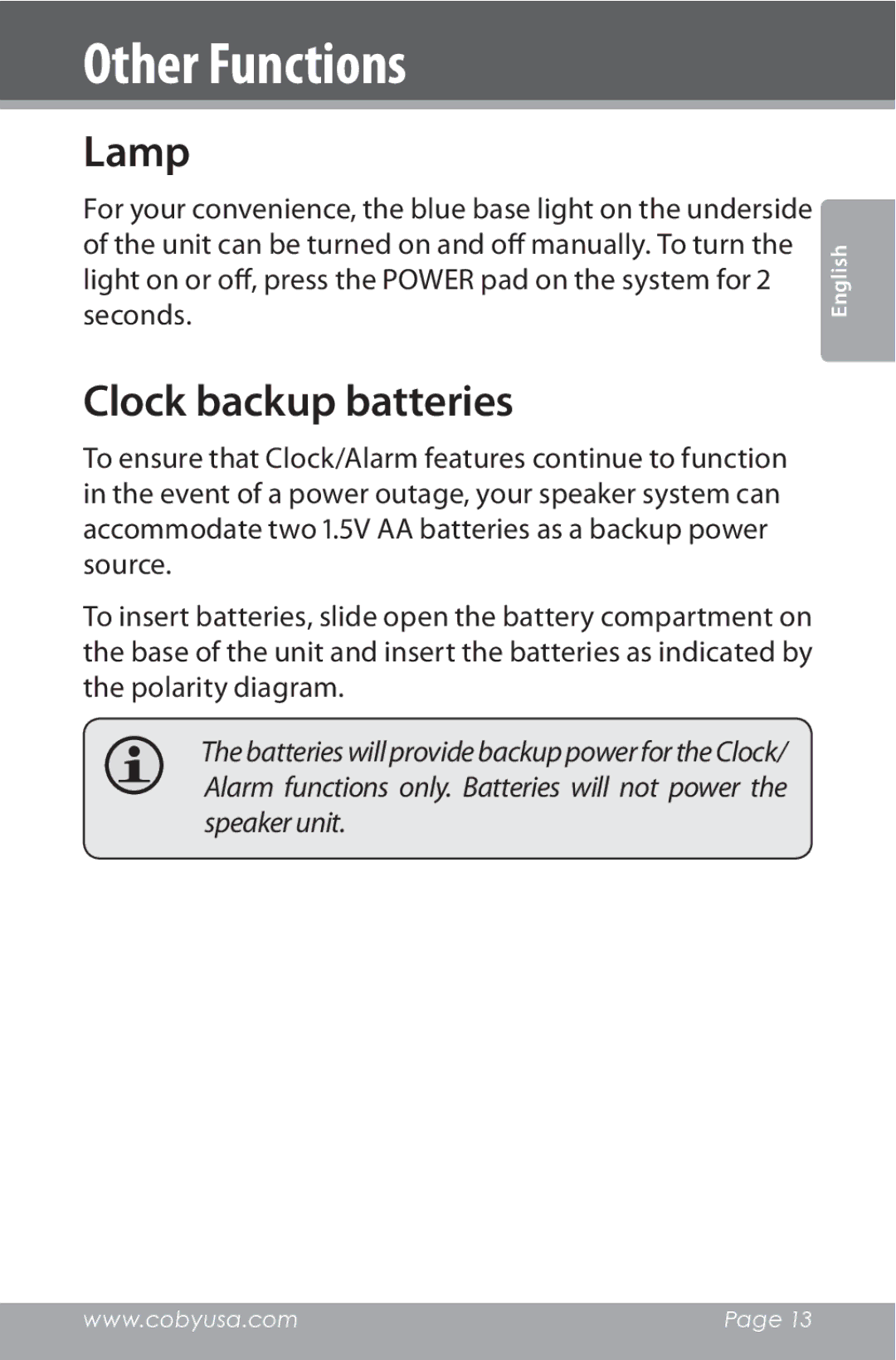 COBY electronic CSMP162 instruction manual Other Functions, Lamp, Clock backup batteries 