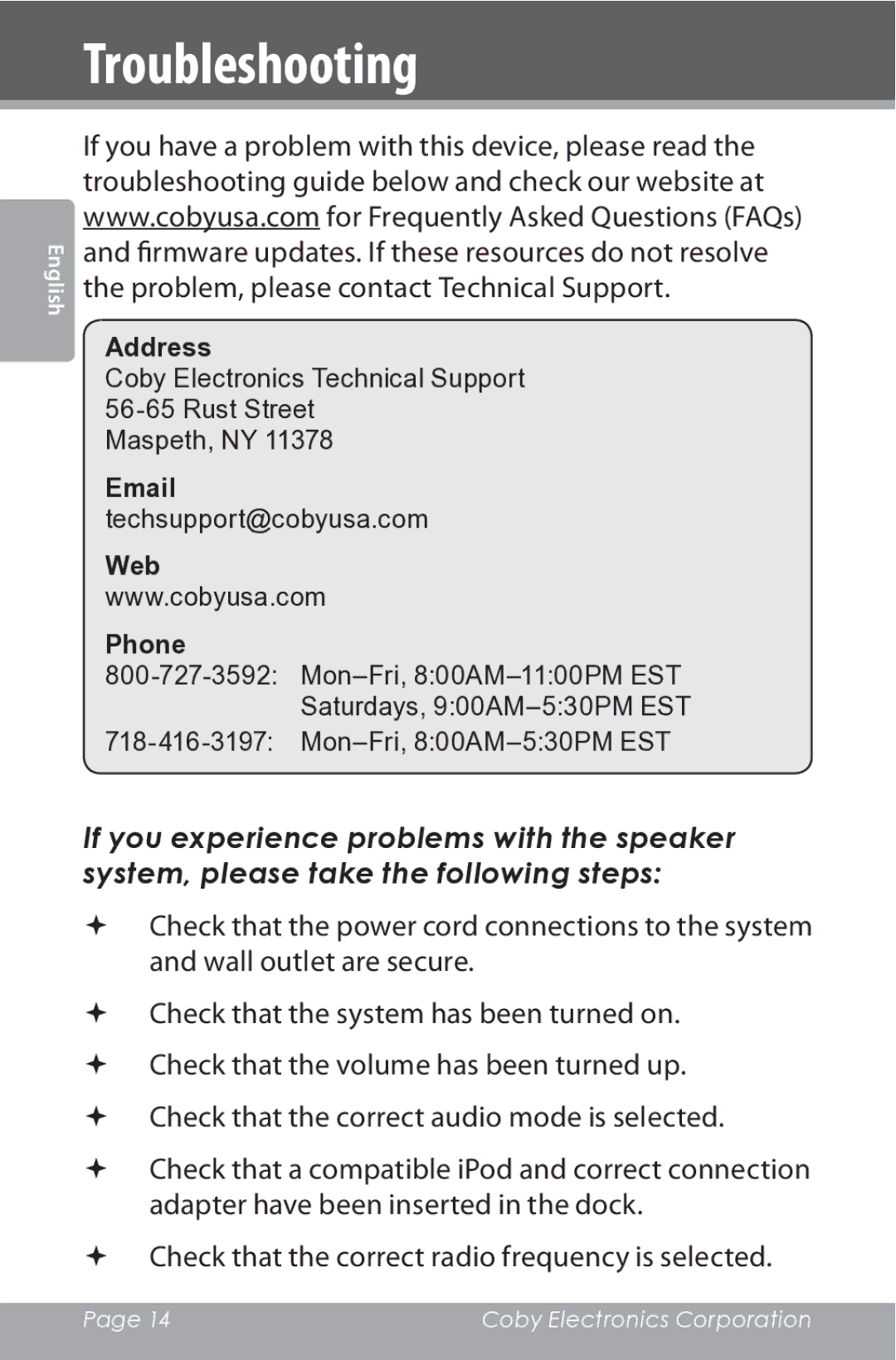 COBY electronic CSMP162 instruction manual Troubleshooting 