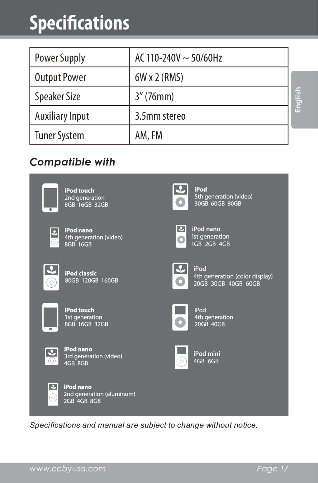 COBY electronic CSMP162 instruction manual Specifications 