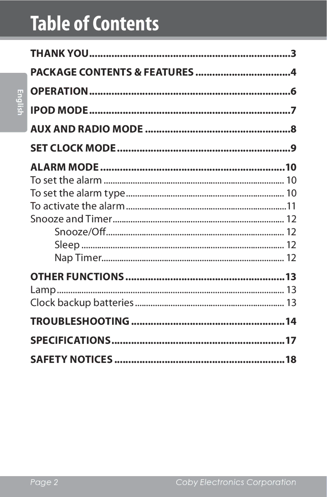 COBY electronic CSMP162 instruction manual Table of Contents 