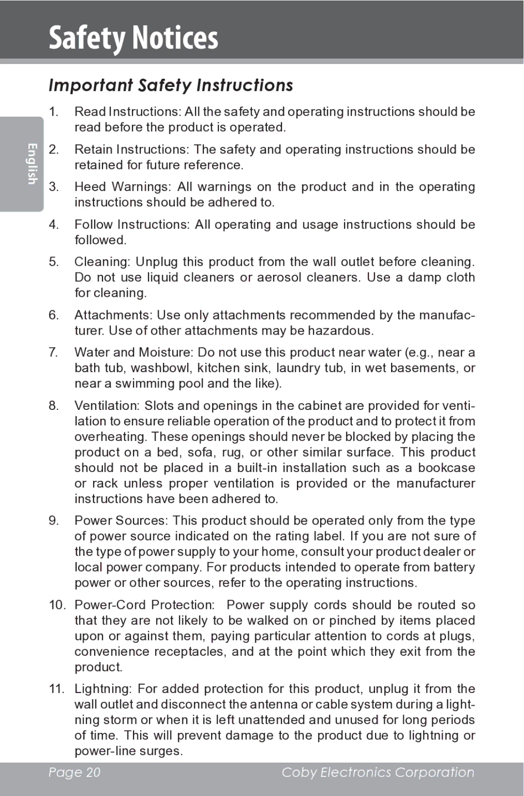 COBY electronic CSMP162 instruction manual Important Safety Instructions 