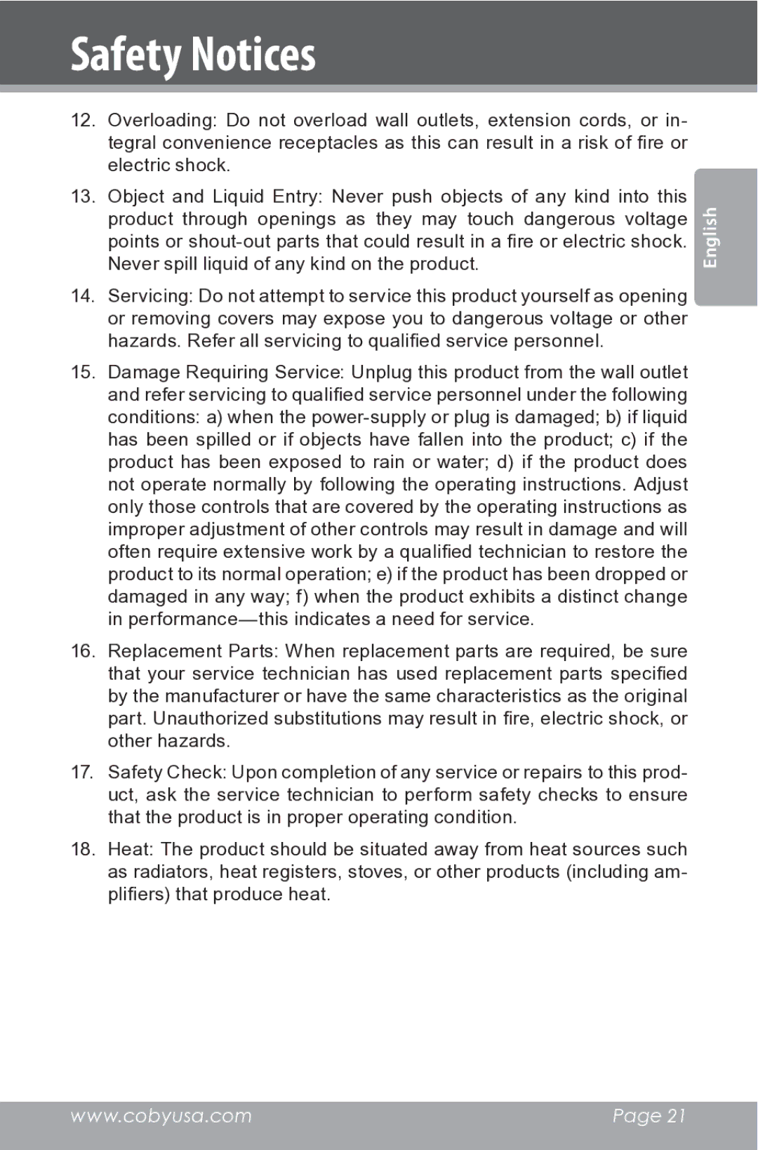 COBY electronic CSMP162 instruction manual Safety Notices 