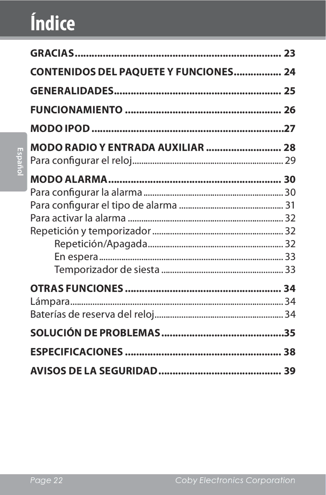 COBY electronic CSMP162 instruction manual Índice, Modo Radio y Entrada Auxiliar 