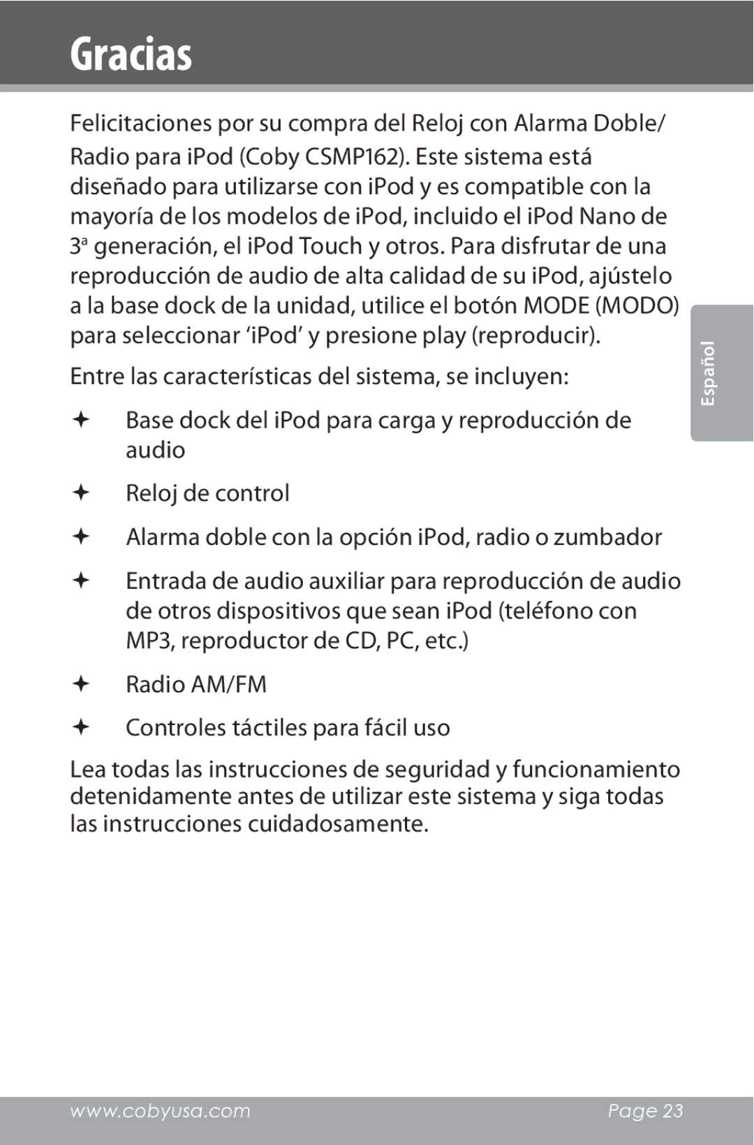 COBY electronic CSMP162 instruction manual Gracias, Felicitaciones por su compra del Reloj con Alarma Doble 