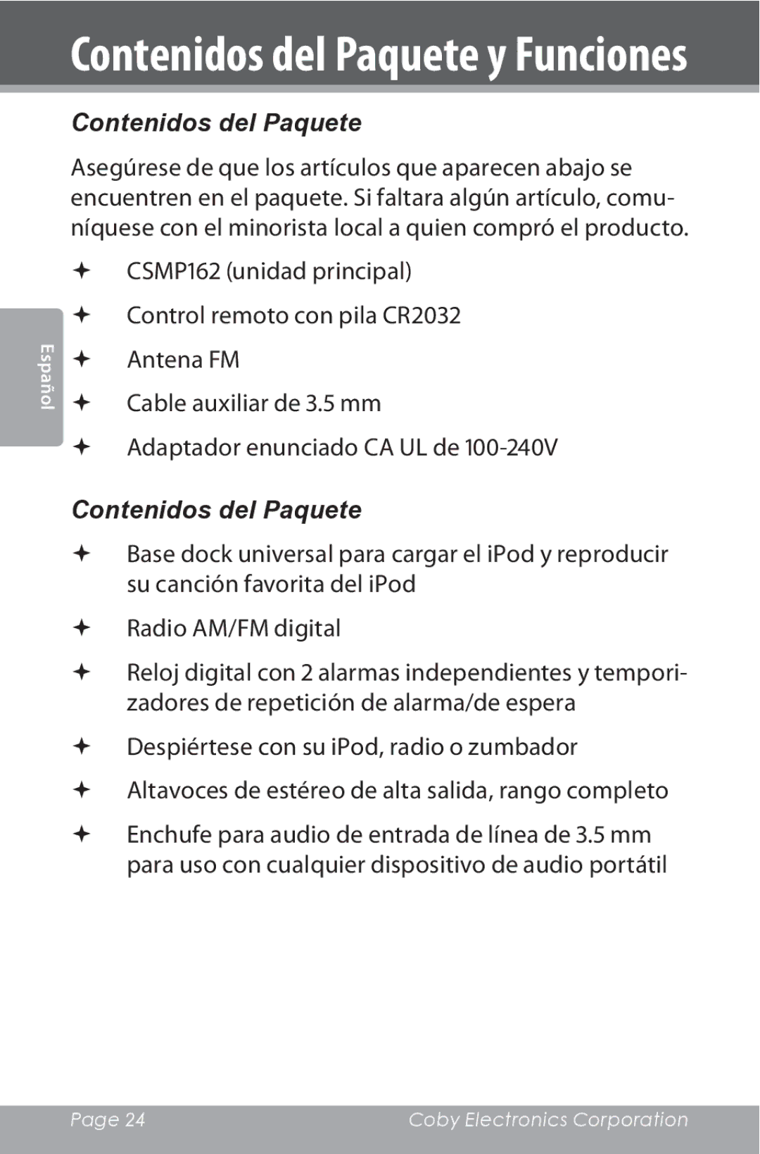 COBY electronic CSMP162 instruction manual Contenidos del Paquete y Funciones 