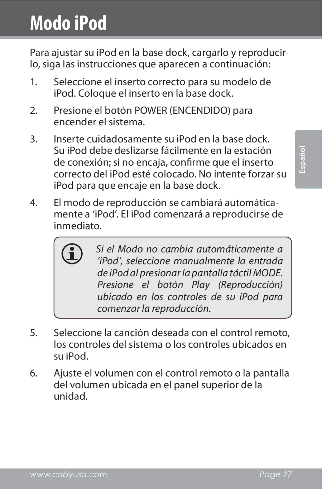 COBY electronic CSMP162 instruction manual Modo iPod 