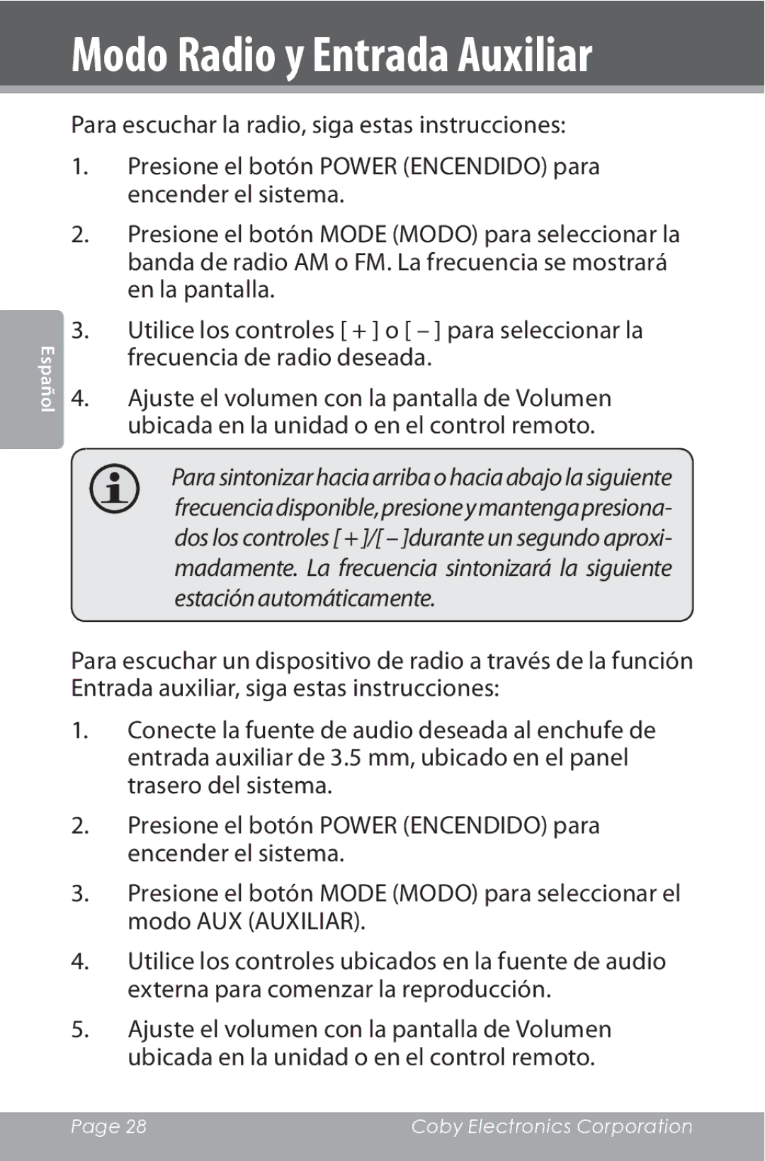COBY electronic CSMP162 instruction manual Modo Radio y Entrada Auxiliar 