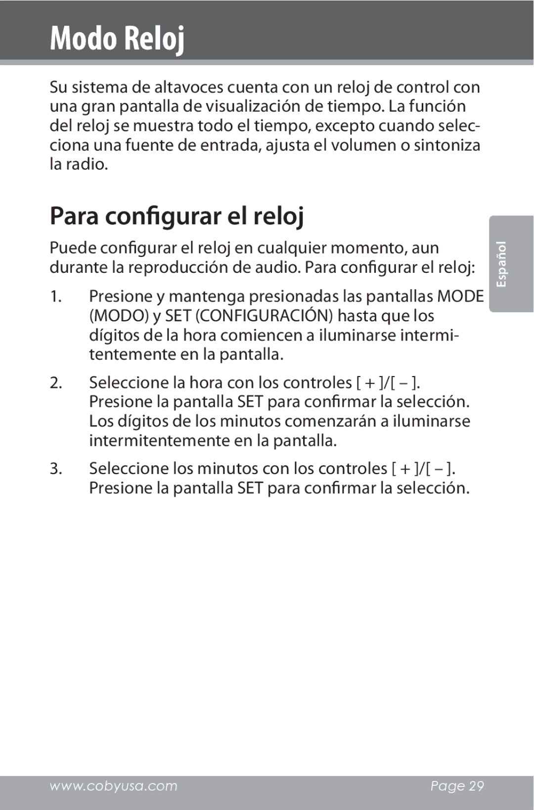 COBY electronic CSMP162 instruction manual Modo Reloj, Para configurar el reloj 