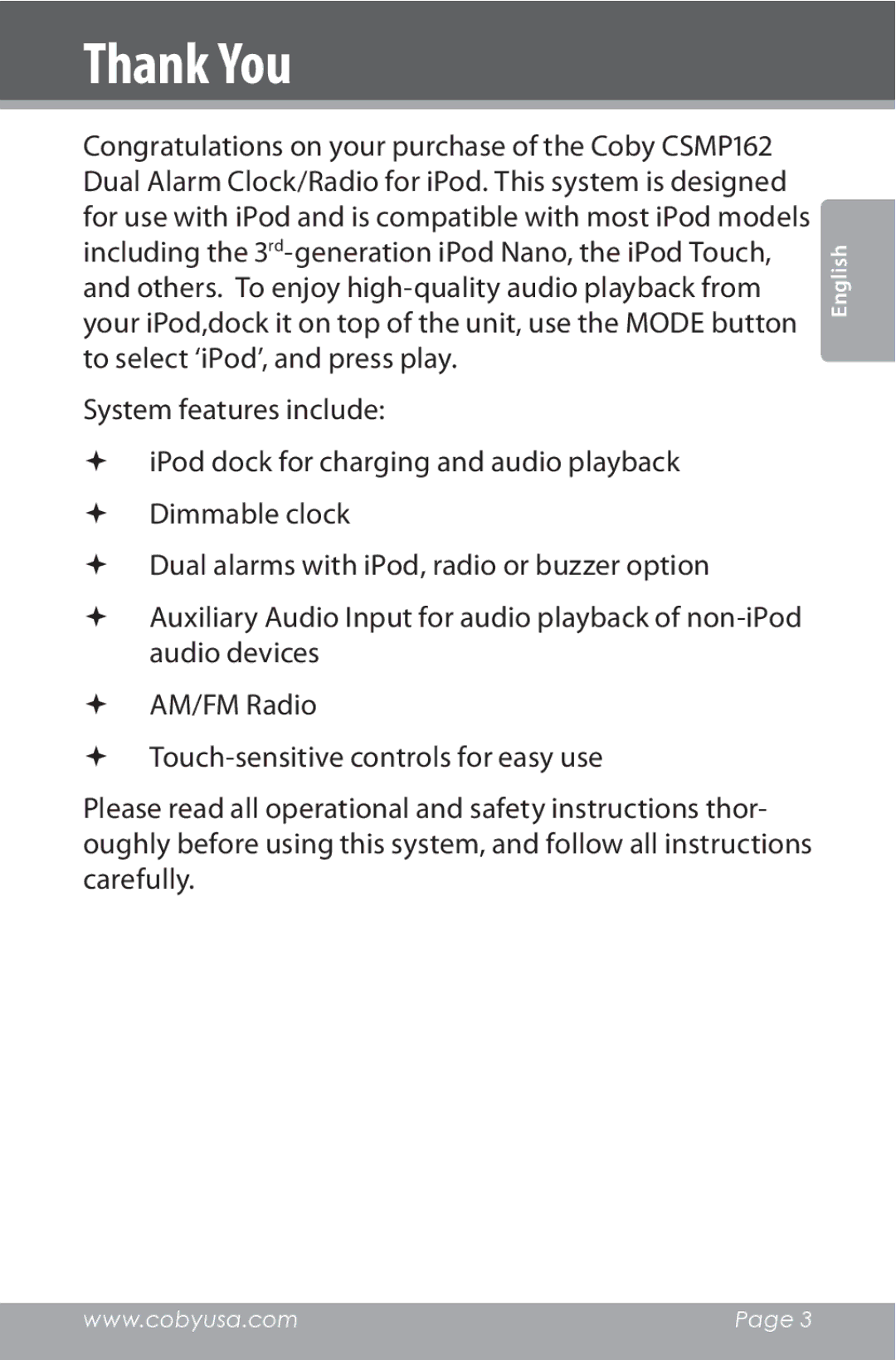 COBY electronic CSMP162 instruction manual Thank You 