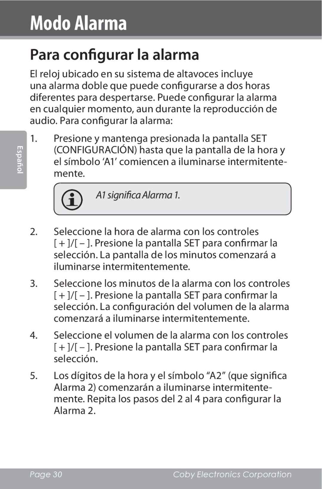 COBY electronic CSMP162 instruction manual Modo Alarma, Para configurar la alarma 