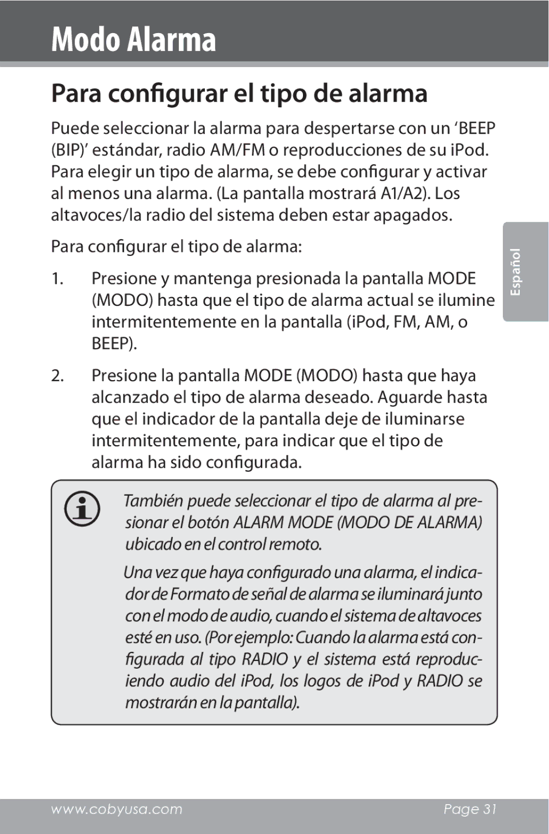 COBY electronic CSMP162 instruction manual Para configurar el tipo de alarma 