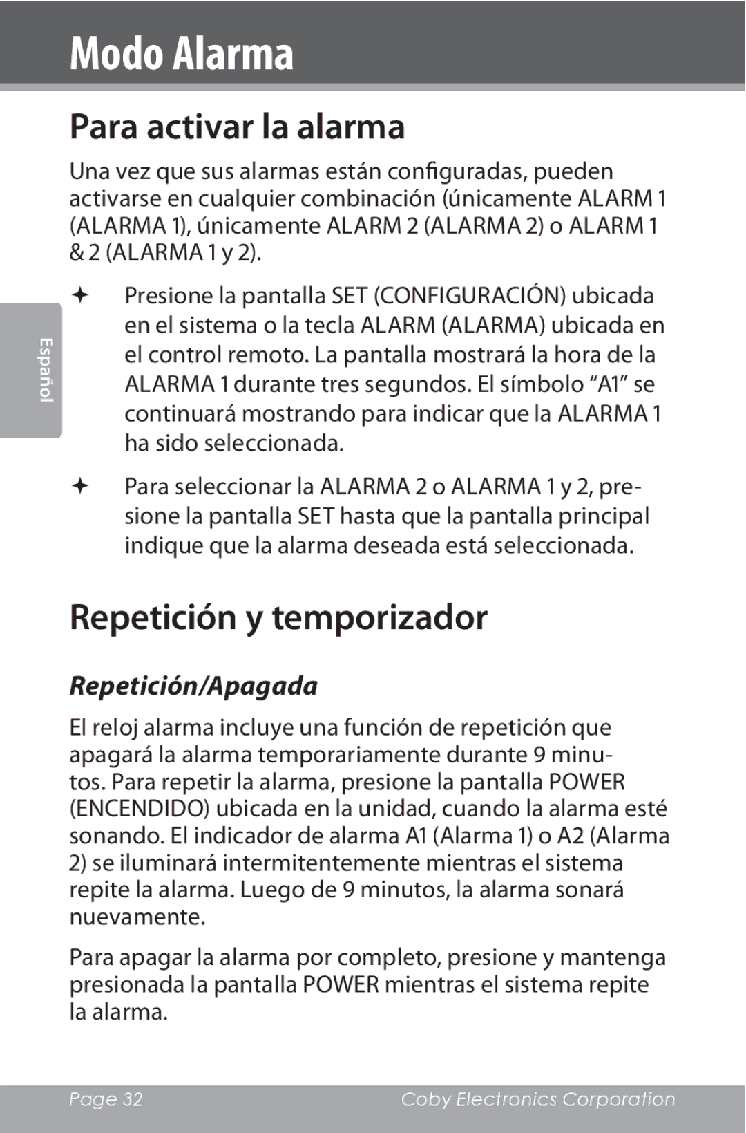 COBY electronic CSMP162 instruction manual Para activar la alarma, Repetición y temporizador 