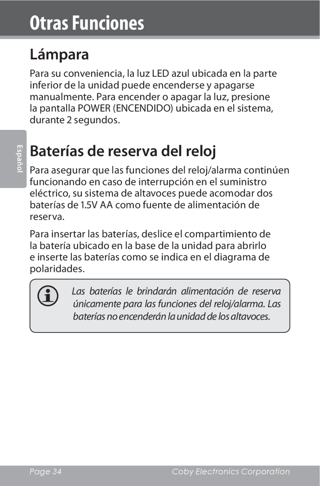 COBY electronic CSMP162 instruction manual Otras Funciones, Lámpara, Baterías de reserva del reloj 