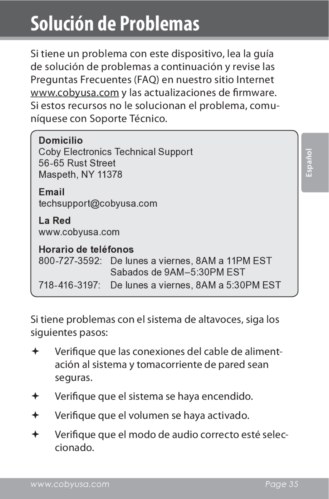 COBY electronic CSMP162 instruction manual Solución de Problemas, La Red Horario de teléfonos 