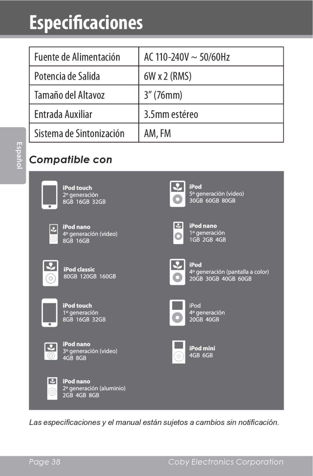 COBY electronic CSMP162 instruction manual Especificaciones, Compatible con 