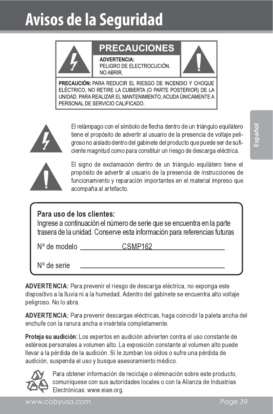 COBY electronic CSMP162 instruction manual Avisos de la Seguridad, Para uso de los clientes 