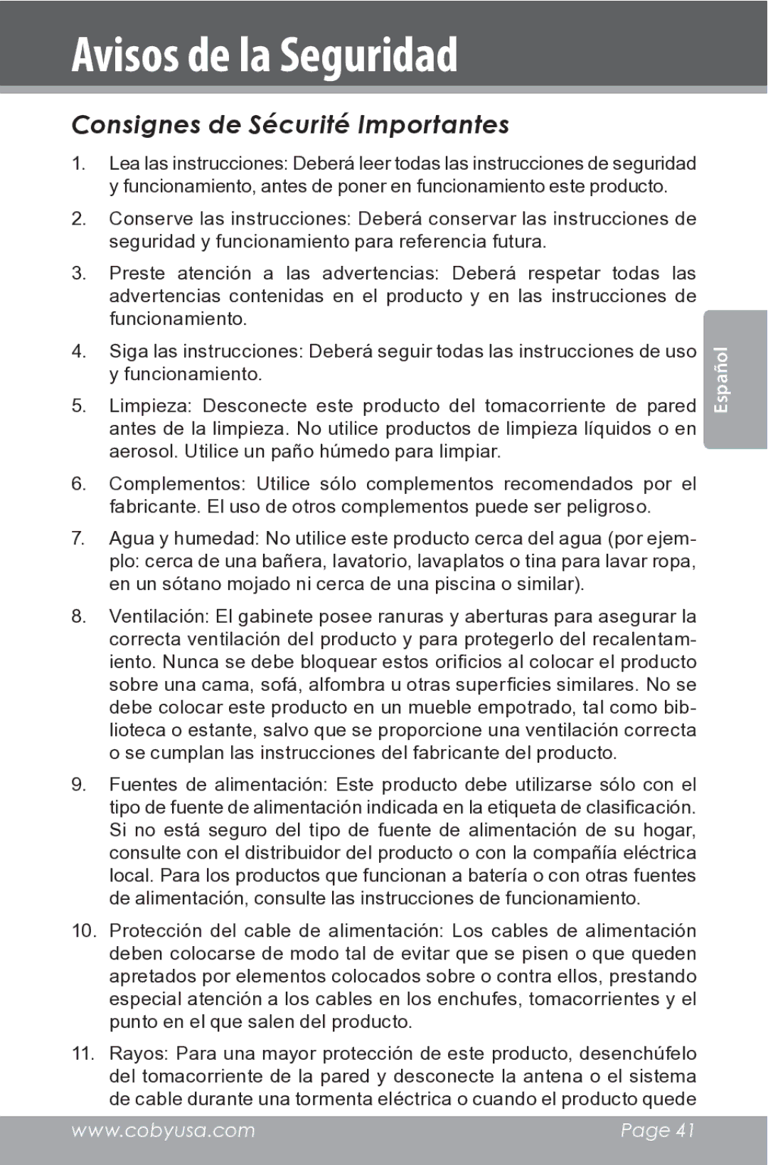 COBY electronic CSMP162 instruction manual Consignes de Sécurité Importantes 