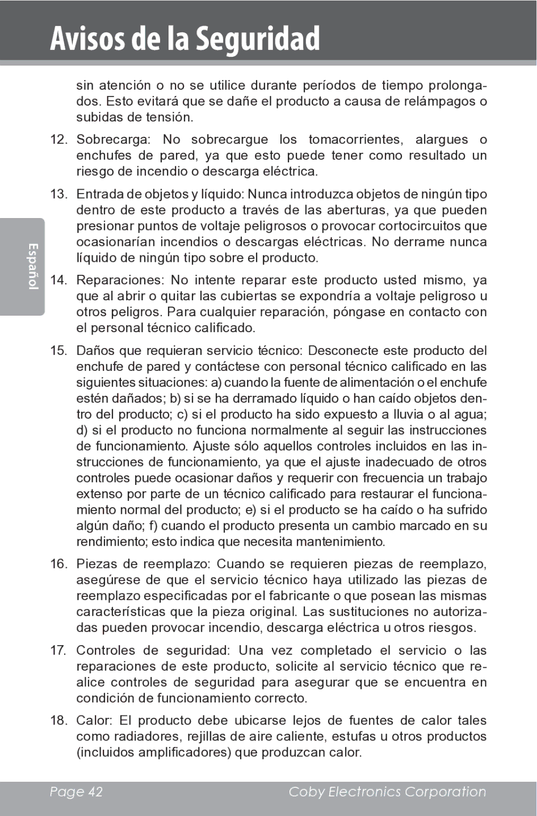 COBY electronic CSMP162 instruction manual Avisos de la Seguridad 