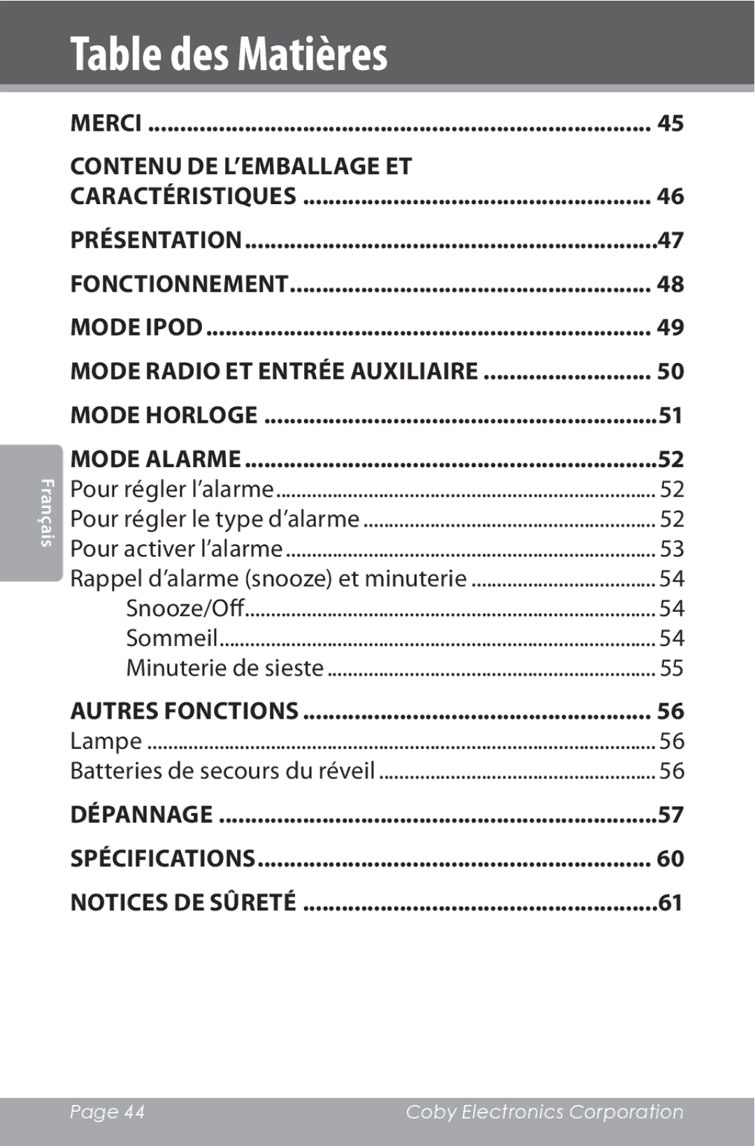 COBY electronic CSMP162 instruction manual Table des Matières, Mode Radio et Entrée Auxiliaire 