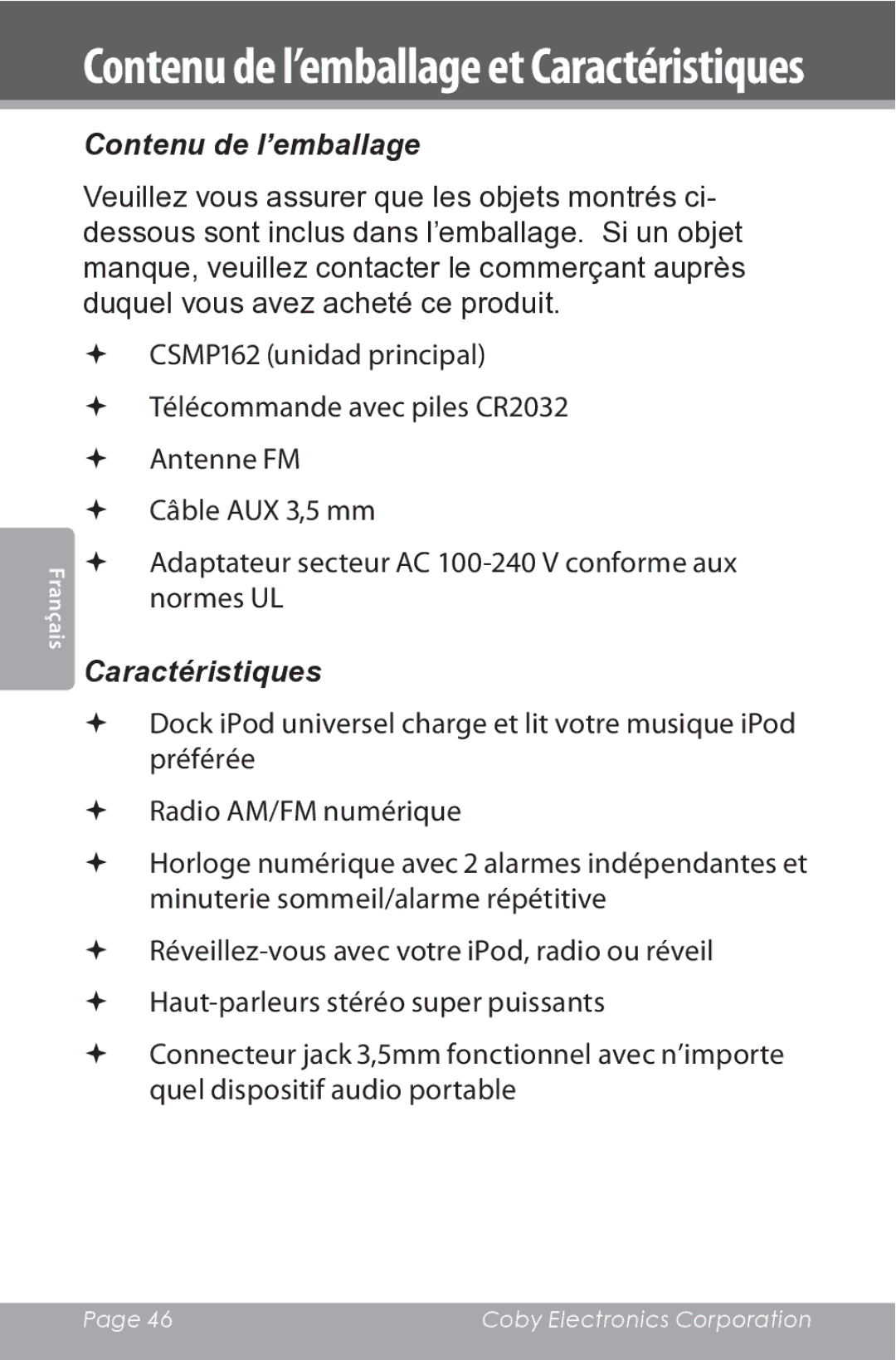 COBY electronic CSMP162 instruction manual Contenu de l’emballage et Caractéristiques 