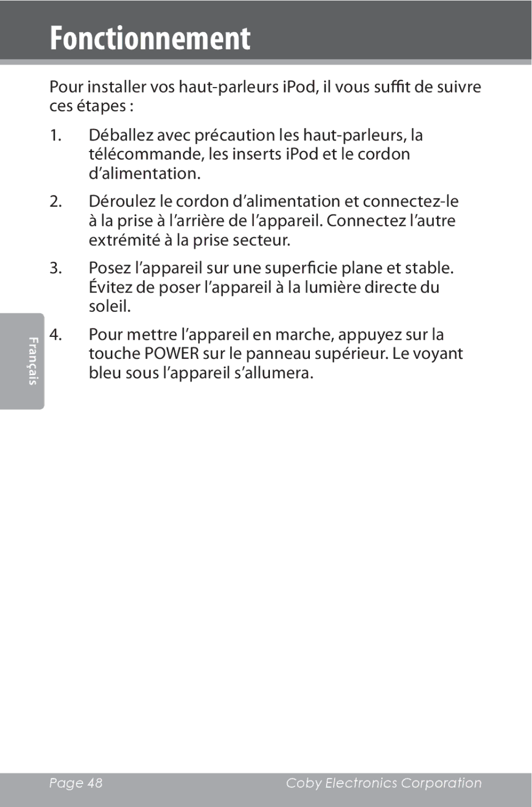 COBY electronic CSMP162 instruction manual Fonctionnement 