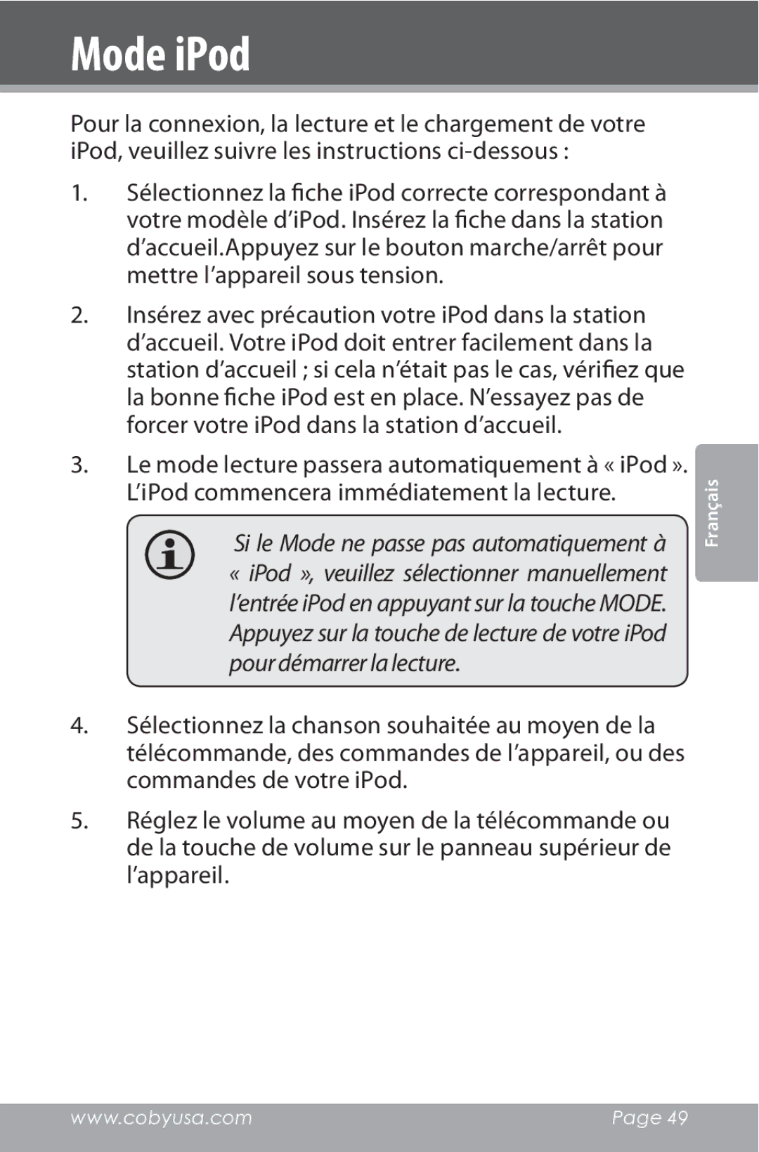 COBY electronic CSMP162 instruction manual Mode iPod 