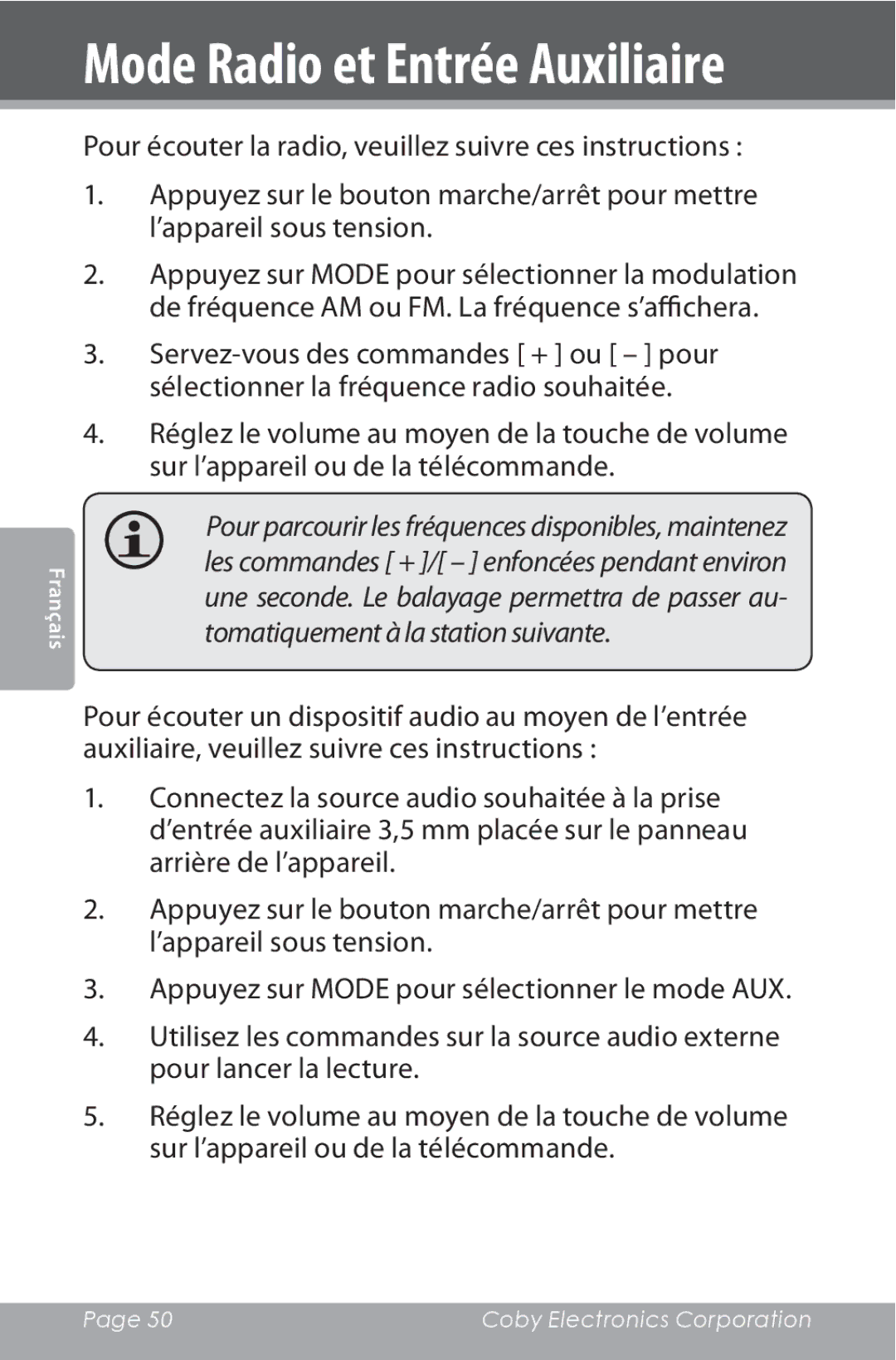 COBY electronic CSMP162 instruction manual Mode Radio et Entrée Auxiliaire 