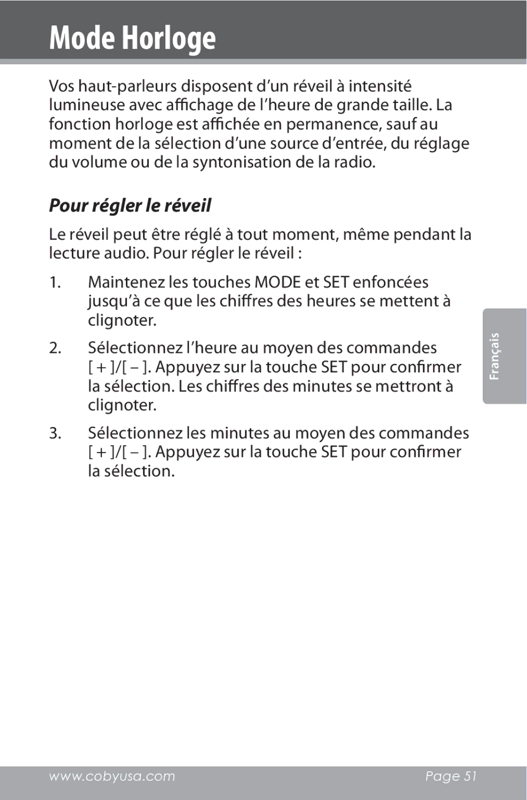 COBY electronic CSMP162 instruction manual Mode Horloge, Pour régler le réveil 