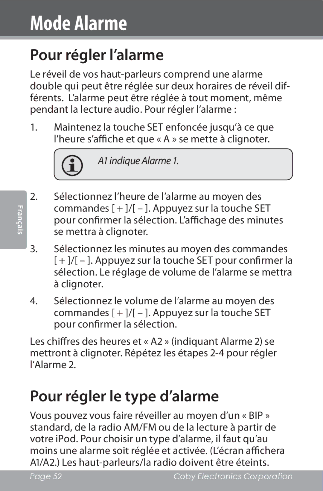 COBY electronic CSMP162 instruction manual Mode Alarme, Pour régler l’alarme, Pour régler le type d’alarme 