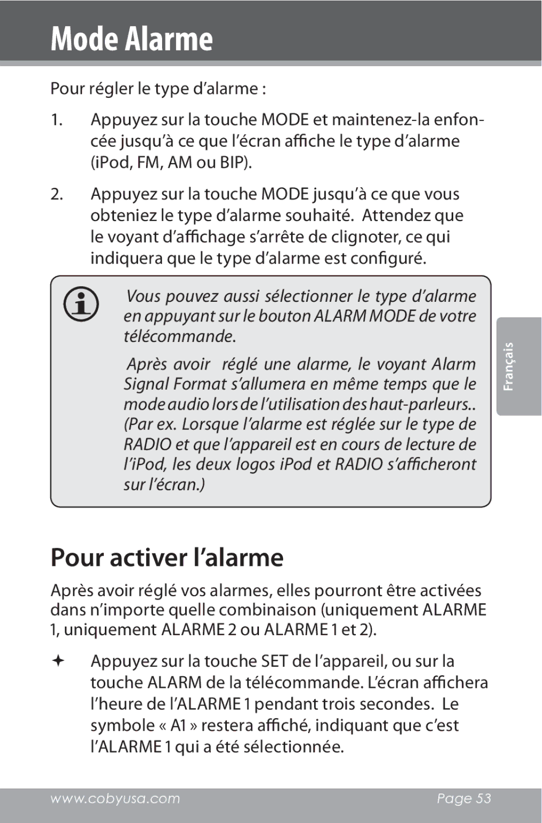 COBY electronic CSMP162 instruction manual Pour activer l’alarme 