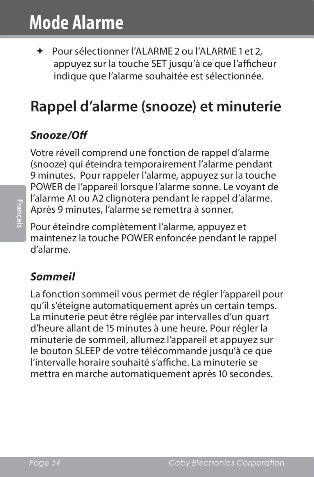 COBY electronic CSMP162 instruction manual Rappel d’alarme snooze et minuterie, Sommeil 