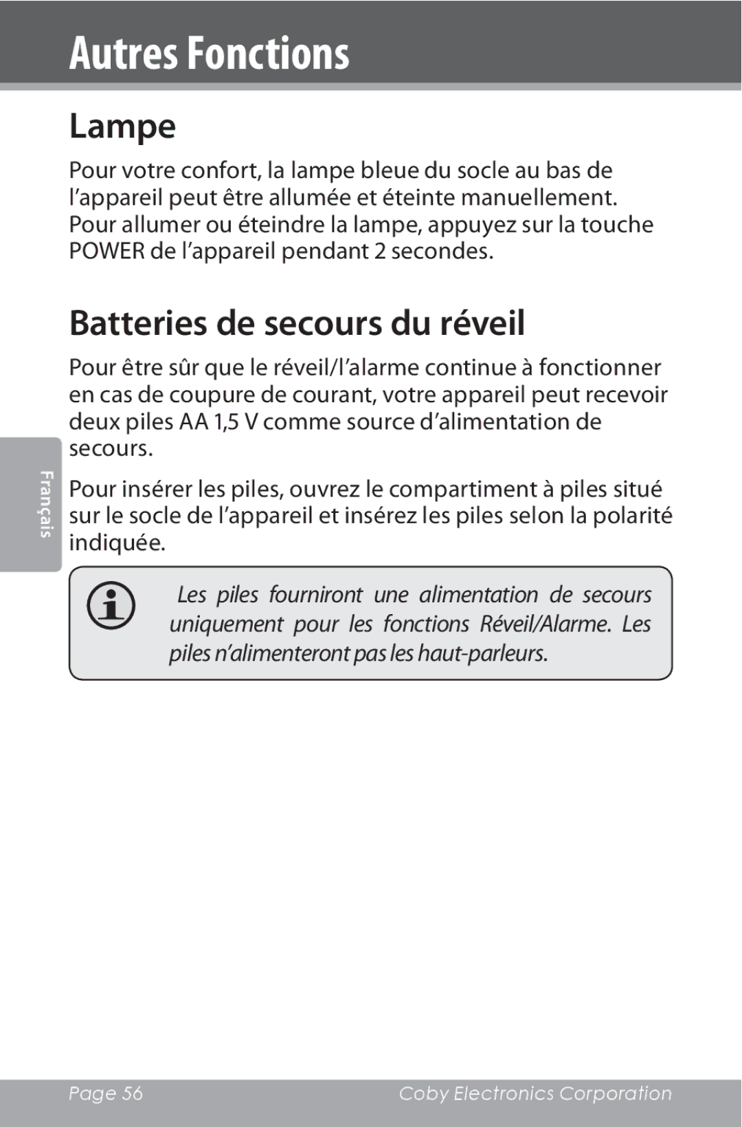 COBY electronic CSMP162 instruction manual Autres Fonctions, Lampe, Batteries de secours du réveil 