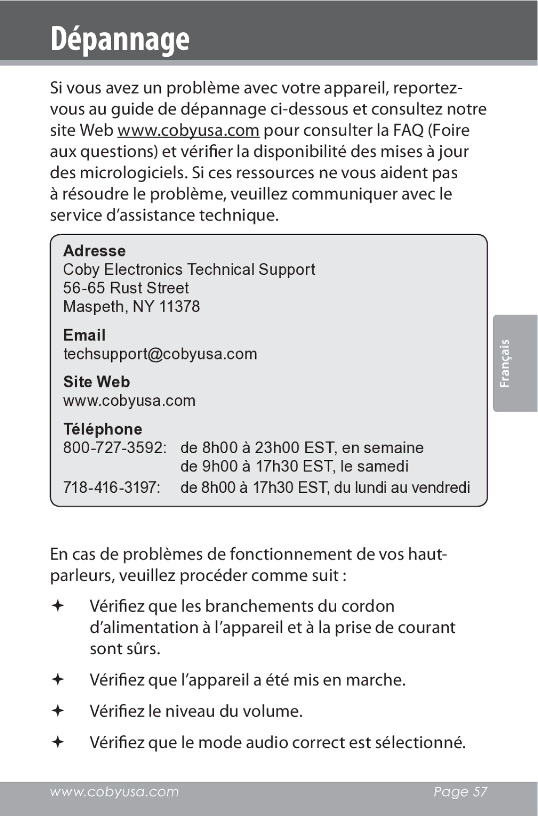 COBY electronic CSMP162 instruction manual Dépannage 