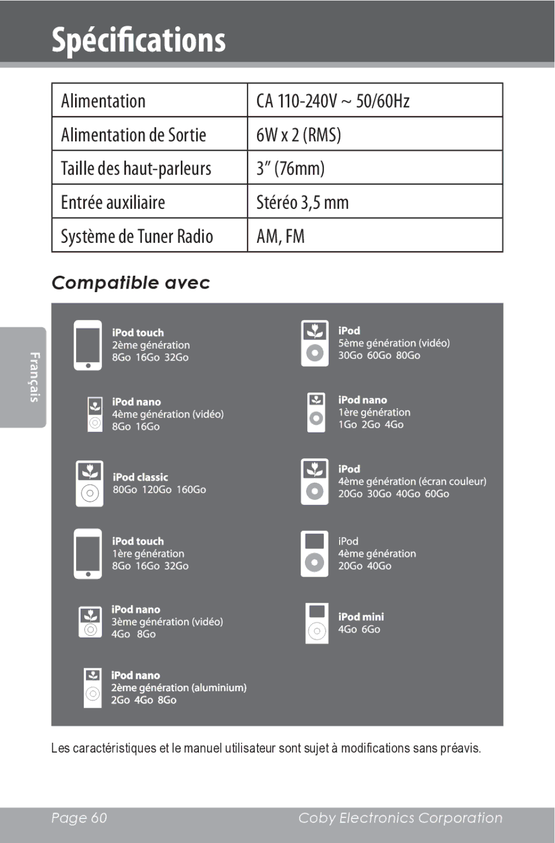 COBY electronic CSMP162 instruction manual Spécifications, Compatible avec 