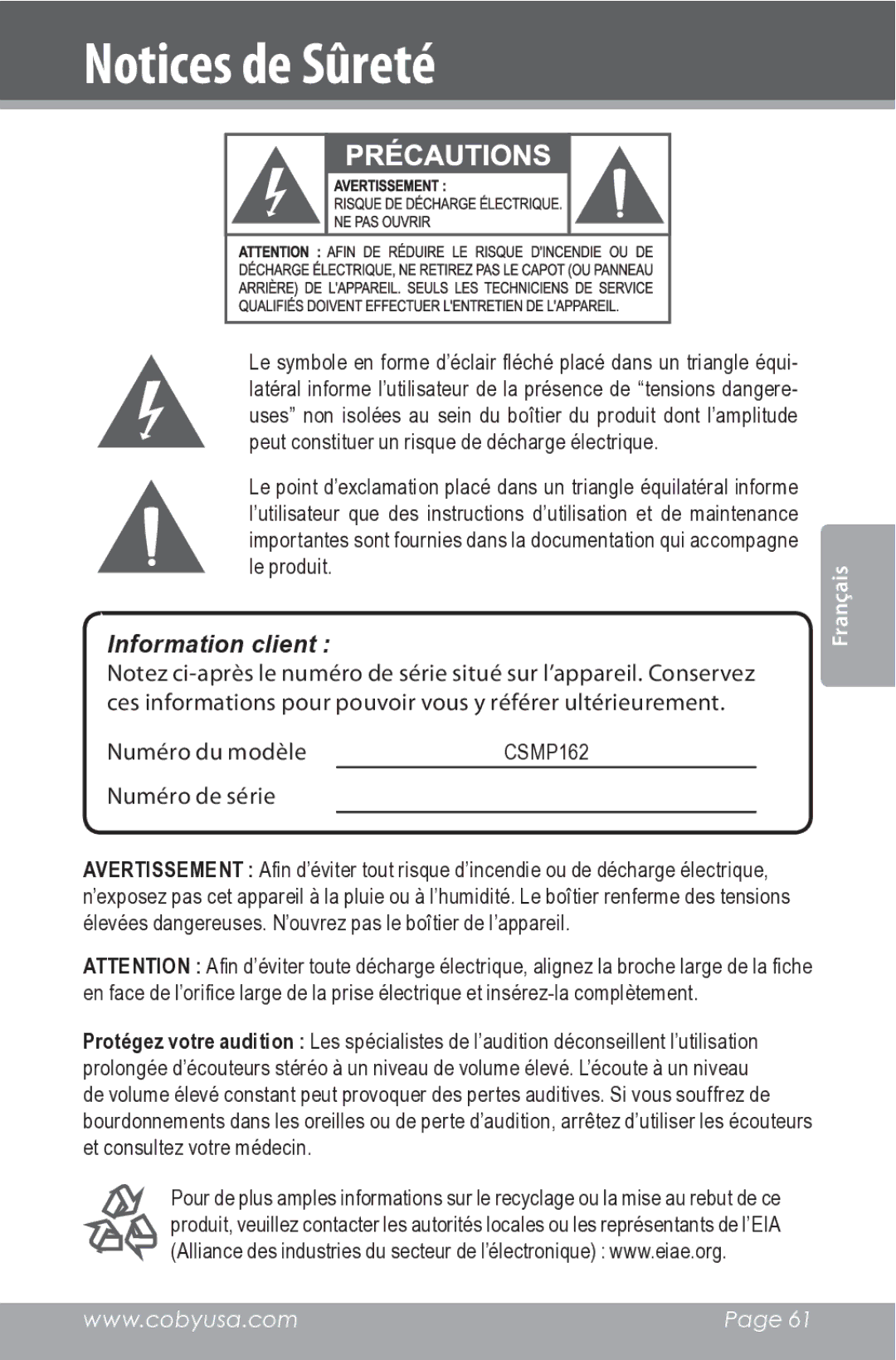 COBY electronic CSMP162 instruction manual Information client 