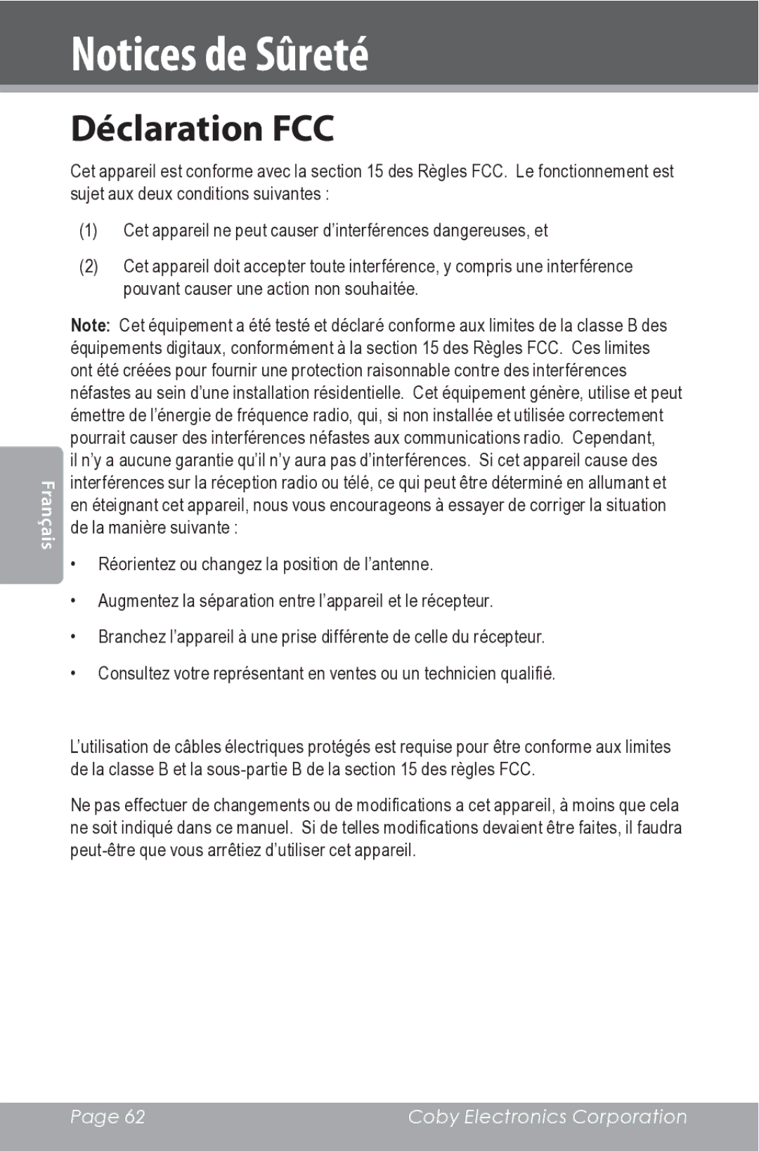 COBY electronic CSMP162 instruction manual Déclaration FCC 